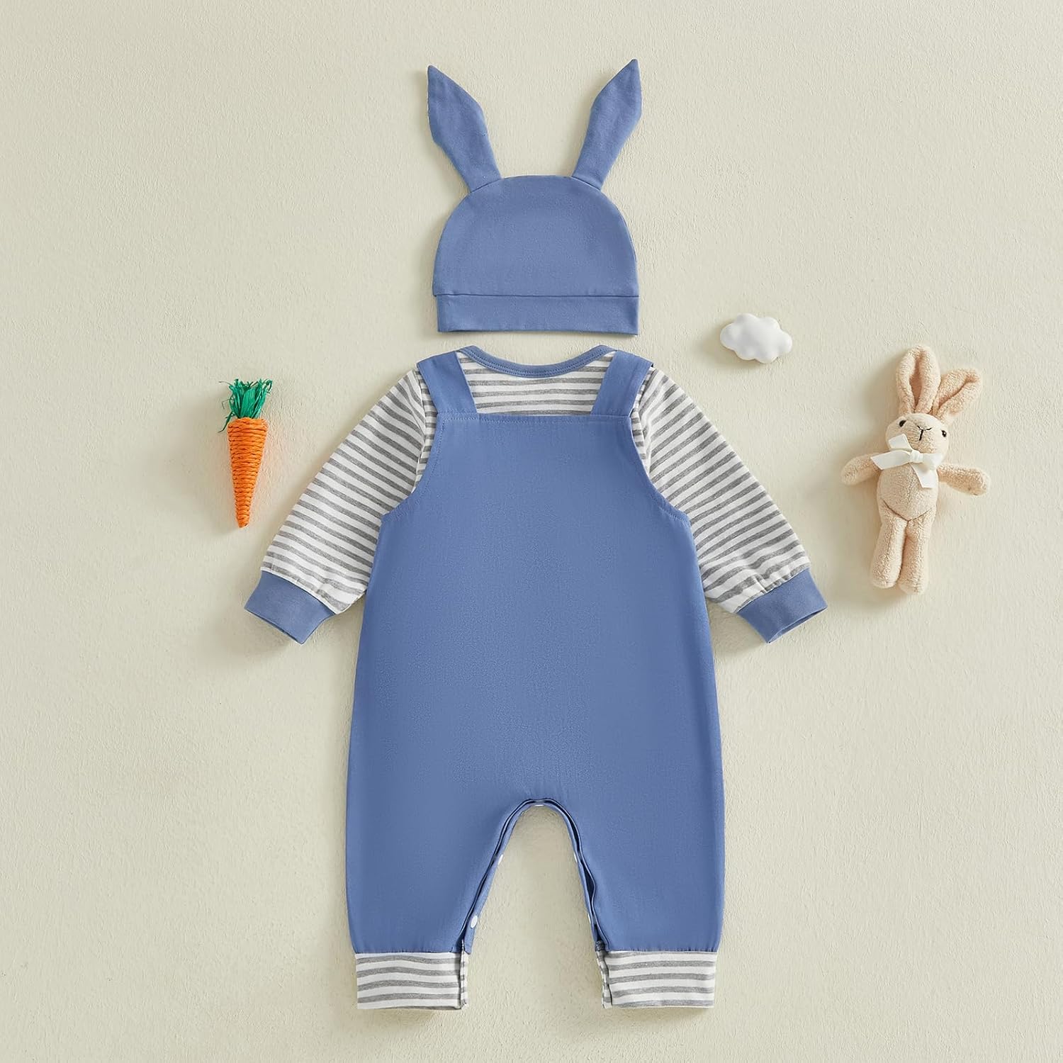 BeQeuewll My First Easter Baby Boy Outfit Infant Stripe Romper Bunny Letter Embroidery Overalls Pants Set Newborn Outfits - Image 9