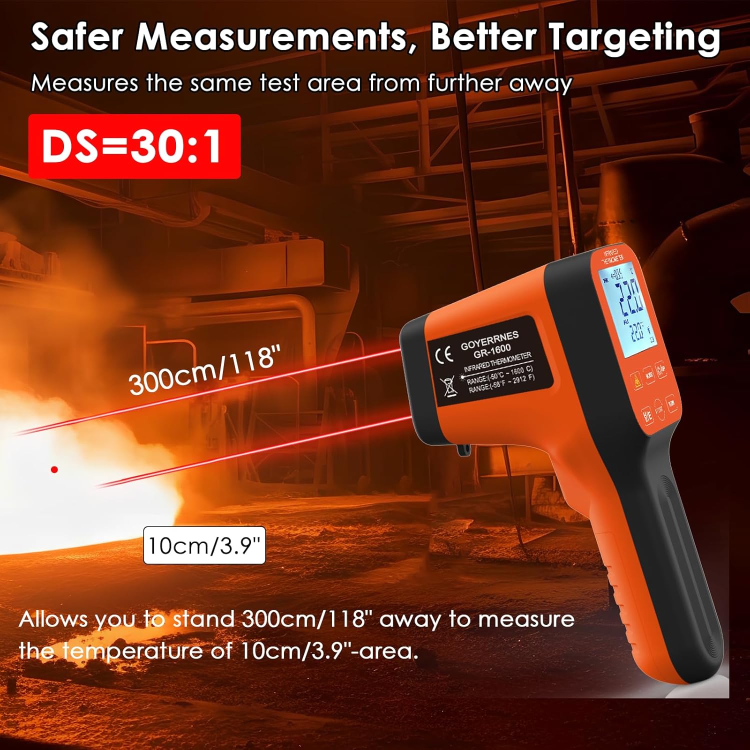 Infrared thermometer measuring temperature from a distance, illustrating the 30:1 distance-to-spot ratio with laser pointers on a hot surface.
