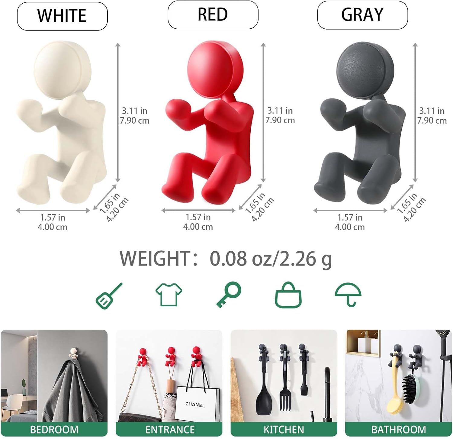 Creative Doll Silicone Hook,Razor Hooks for Shower,Multifunction Utility Hook,Waterproof Bathroom Hook for Towel,Key and etc,Dorm Room Essentials,Fun Gifts for Best Friend (4 Pcs(Gray))