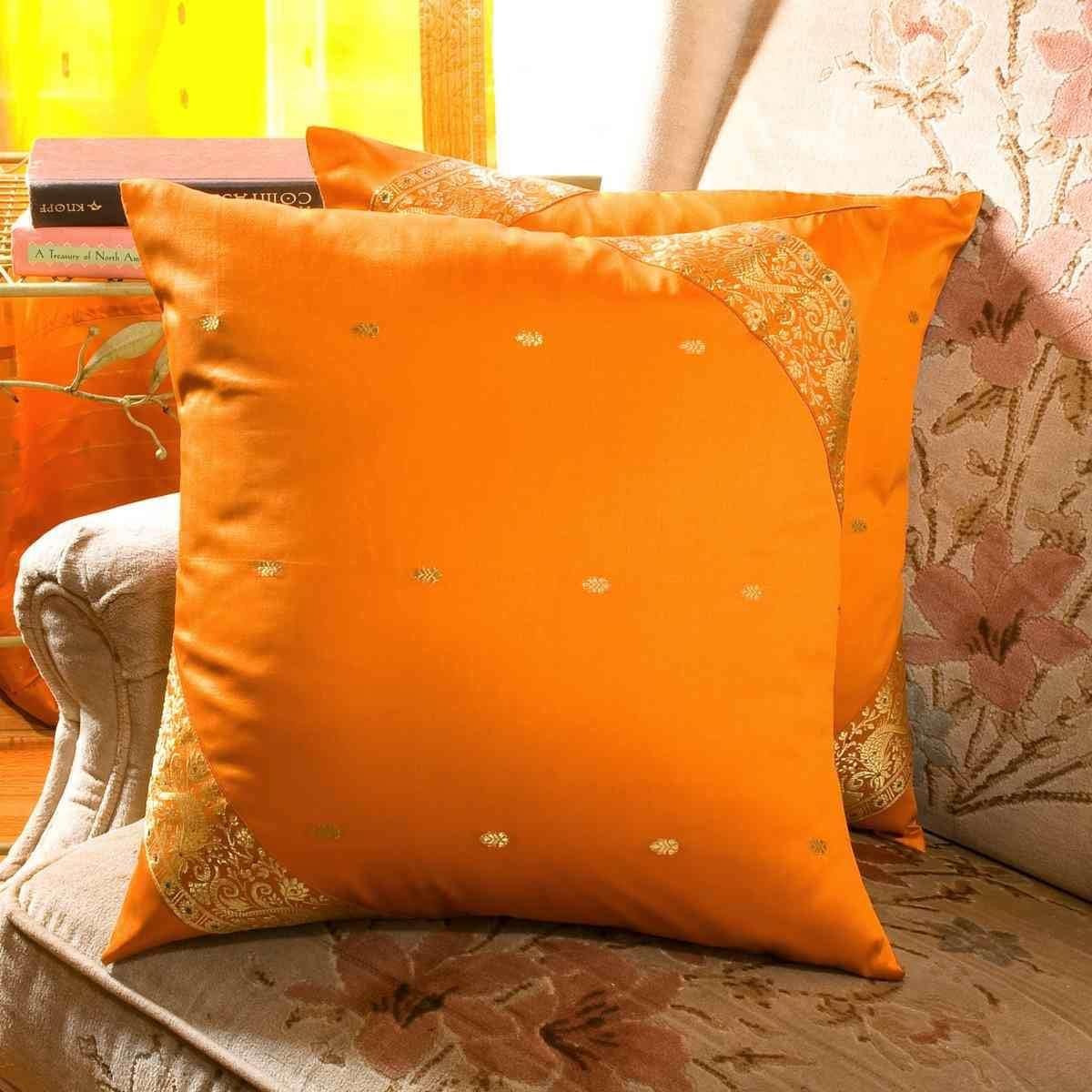 Earthy Mustard Handmade Sari Cushion Covers | Set of 2 | Indian Sari Throw Boho Decor Pillow Covers with Zipper Enclosure | Ideal for Home Decor 26" X 26"