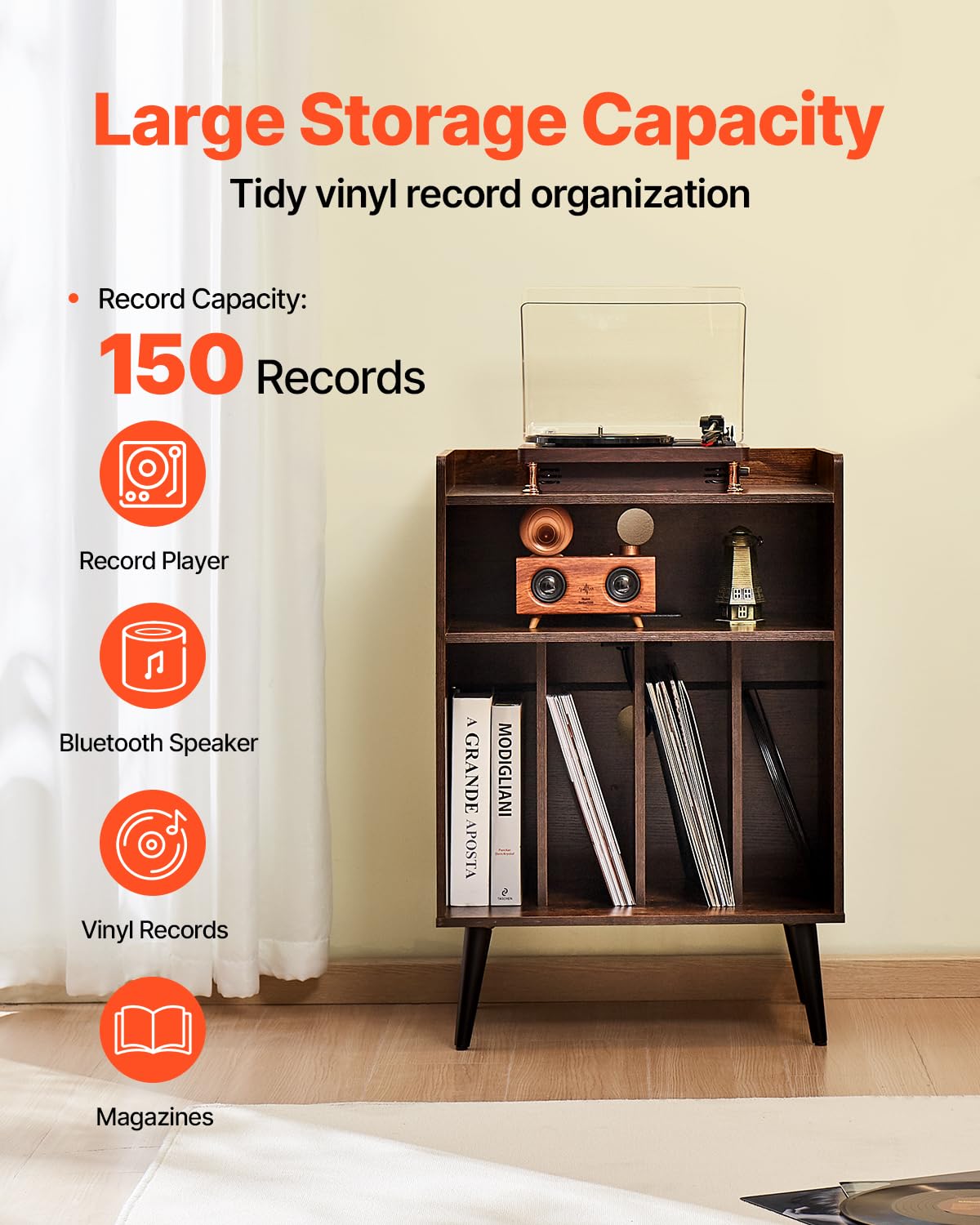 VEVOR Meuble Platine Vinyles 3 Niveaux, Support de Tourne-Disque avec Lumière LED, Station de Charge et Ports USB, Capacité 150 Albums, Armoire à Disques Vinyles en Bois, Salon Chambre à Coucher