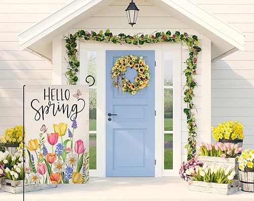 Miniatura 2 de BLKWHT Bandera de jardín floral de primavera de 12 x 18 pulgadas, vertical, de doble cara, flores coloridas, mariposa, granja, vacaciones,