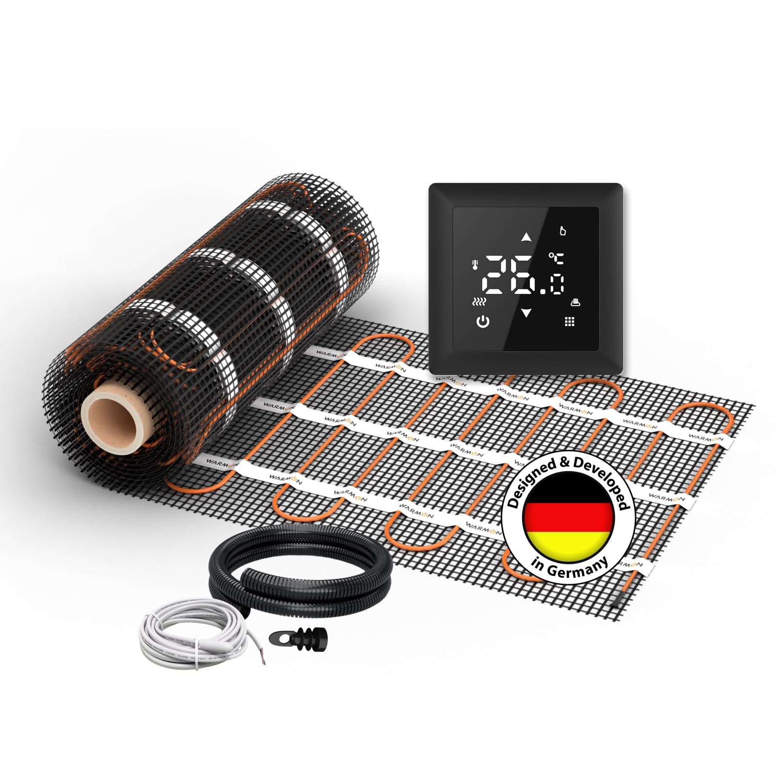 Elektrische Fußbodenheizung für Fliesen: Zweiader-Heizmatte WARMON ULTRA 200 W/m² mit Thermostat TS 100 Serie, Thermostat:TS100 Non WiFi Schwarz, Mattengröße:12 m²
