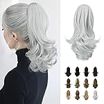 Sofeiyan 13 Ponytail Extension Long Curly Ponytail Clip in Claw Hair Extension Natural Looking Synthetic Hairpiece for Women, Silver Grey