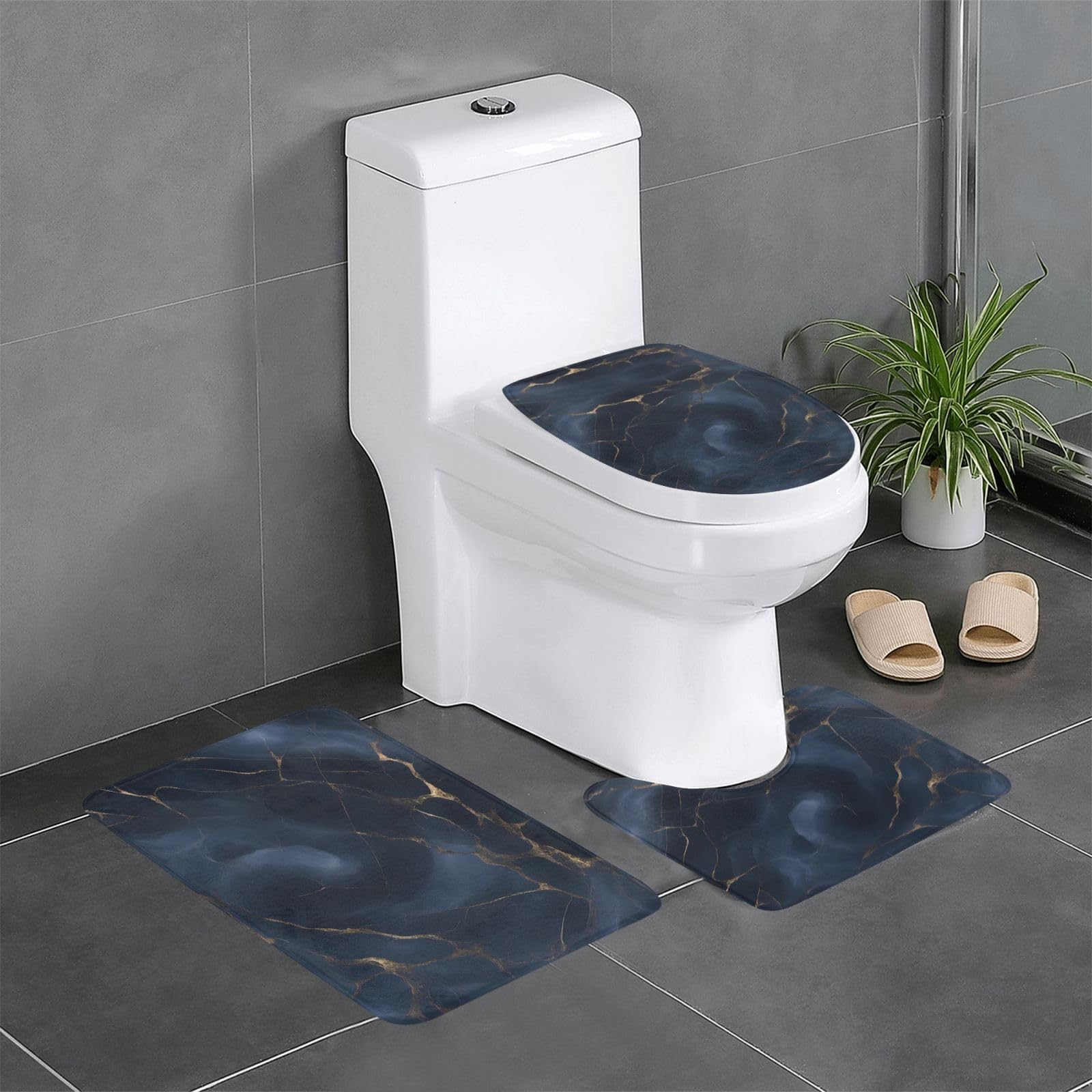 Tapis de salle de bain marbre bleu antidérapant contour WC