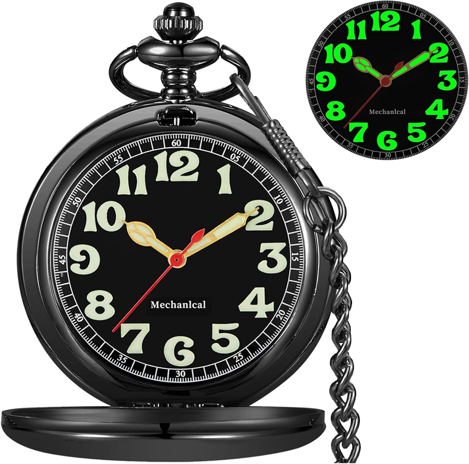 Mens Pocket Watch Skeleton Mechanical Hand Winding Half Hunter Silver Black Golden Case Roman Numerals with Gift Box