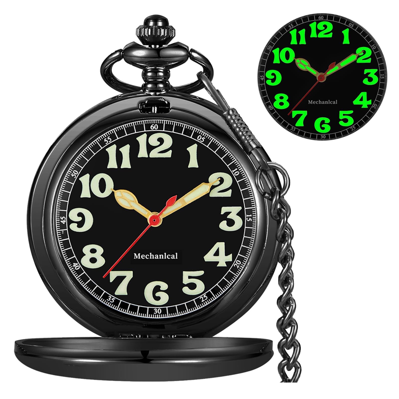 Alwesam Pocket Watch Hand Wind Mechanical Luminous Arabic Numerals with Chain&Box Best Gift(Black)