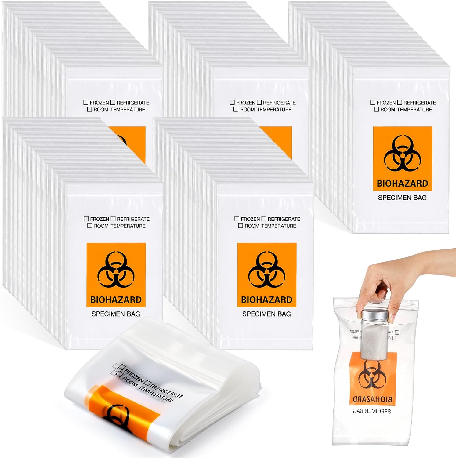 Teenyyou 300 Pcs Orange Biohazard Specimen Bags 6" x 9" Laboratory Sample Bag with Biohazard Logo Top Sealable Suitable for Lab Test Facilities with External Document Bag (6 x 9 Inch)