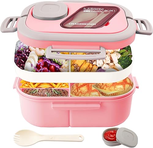 Tinaforld Caja Bento de 2 capas, 64.2 fl oz, 5 compartimentos a prueba de fugas, lonchera reutilizable para adultos, hombres, mujeres