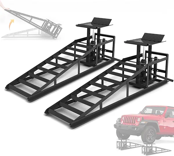 LOCKIETTA 2 PCS Hydraulic Car Ramps with Wheels, 11065LBS 5T Heavy Duty Car Ramp with Hydraulic Jack, Portable Car Lifts for Oil Changes for Home Garage, 9"-14.2" Lifts, Black