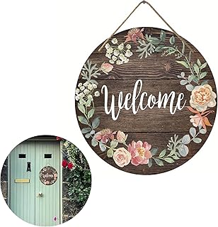 1 piece of flower welcome sign front door decoration, creative pendant wooden circular sign wooden welcome house sign flower list, new house home gift, circular greeting door sign