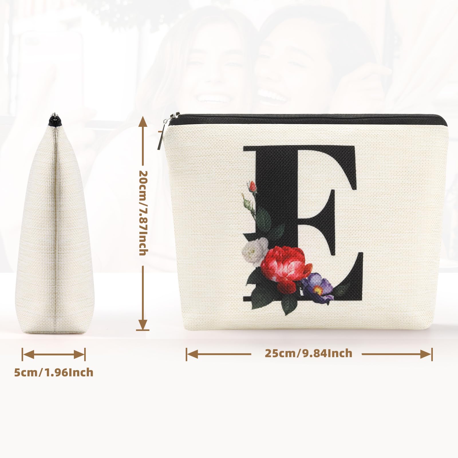 E Cosmetic Bags Personalized Gift for Women Initial Makeup Bag Cute Letter Bags with Flower Travel Toiletries Zipper Pouch Monogram Letter Bag for Women Mom (E)