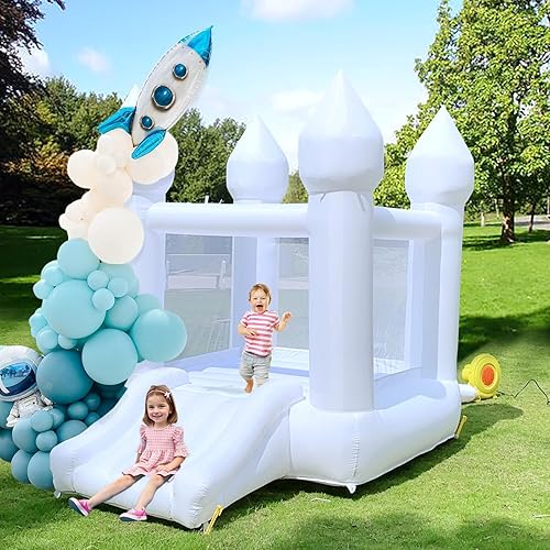 White Bounce House - Castillo hinchable para interiores y exteriores, para niños de 2 a 8 años, Oxford con globo deslizante y soplador, 103 x 71 x
