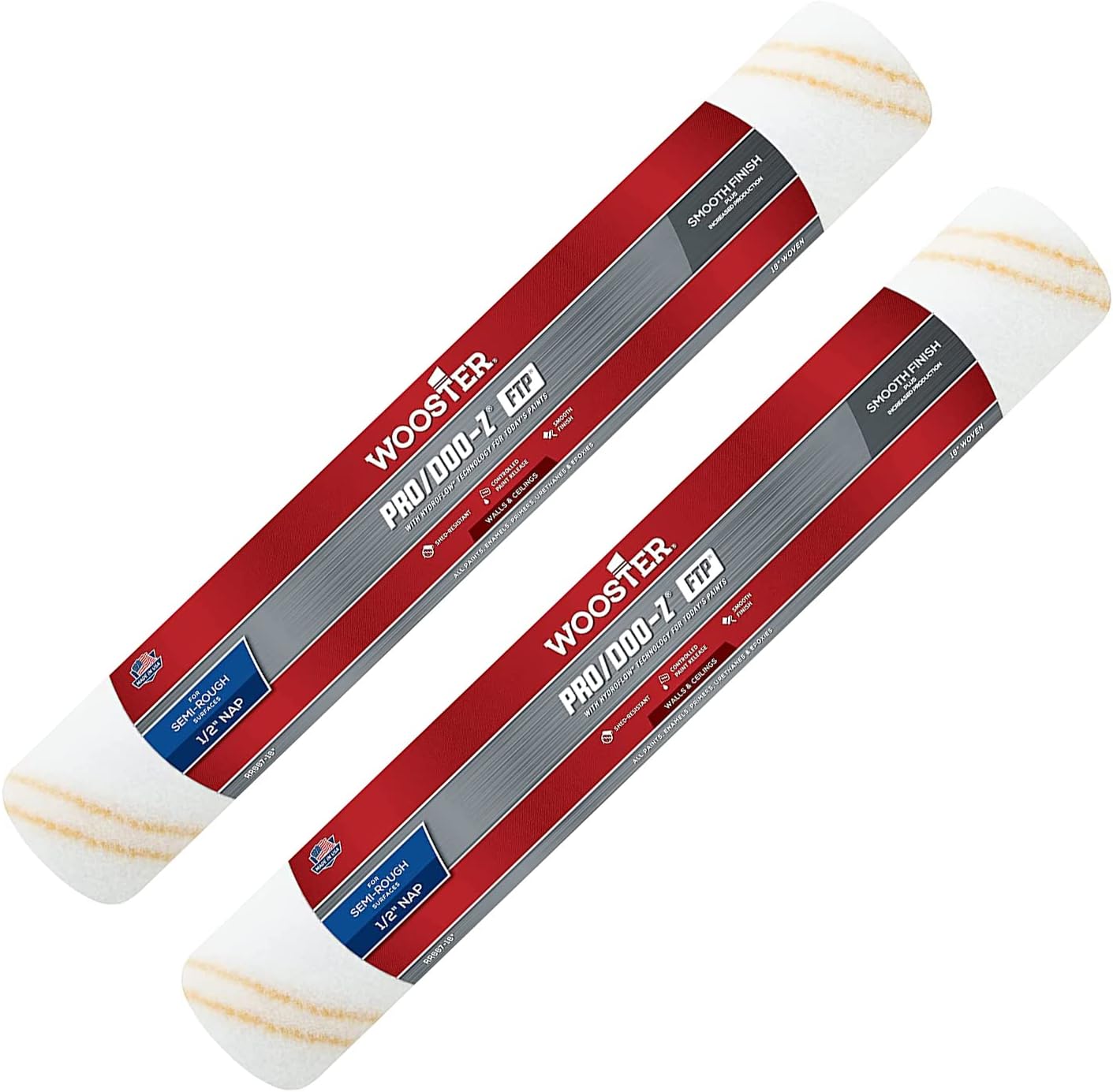 2 Pack Wooster Brush RR667-18 Inch Pro Doo Z FTP Roller Cover, 1/2-Inch Nap
