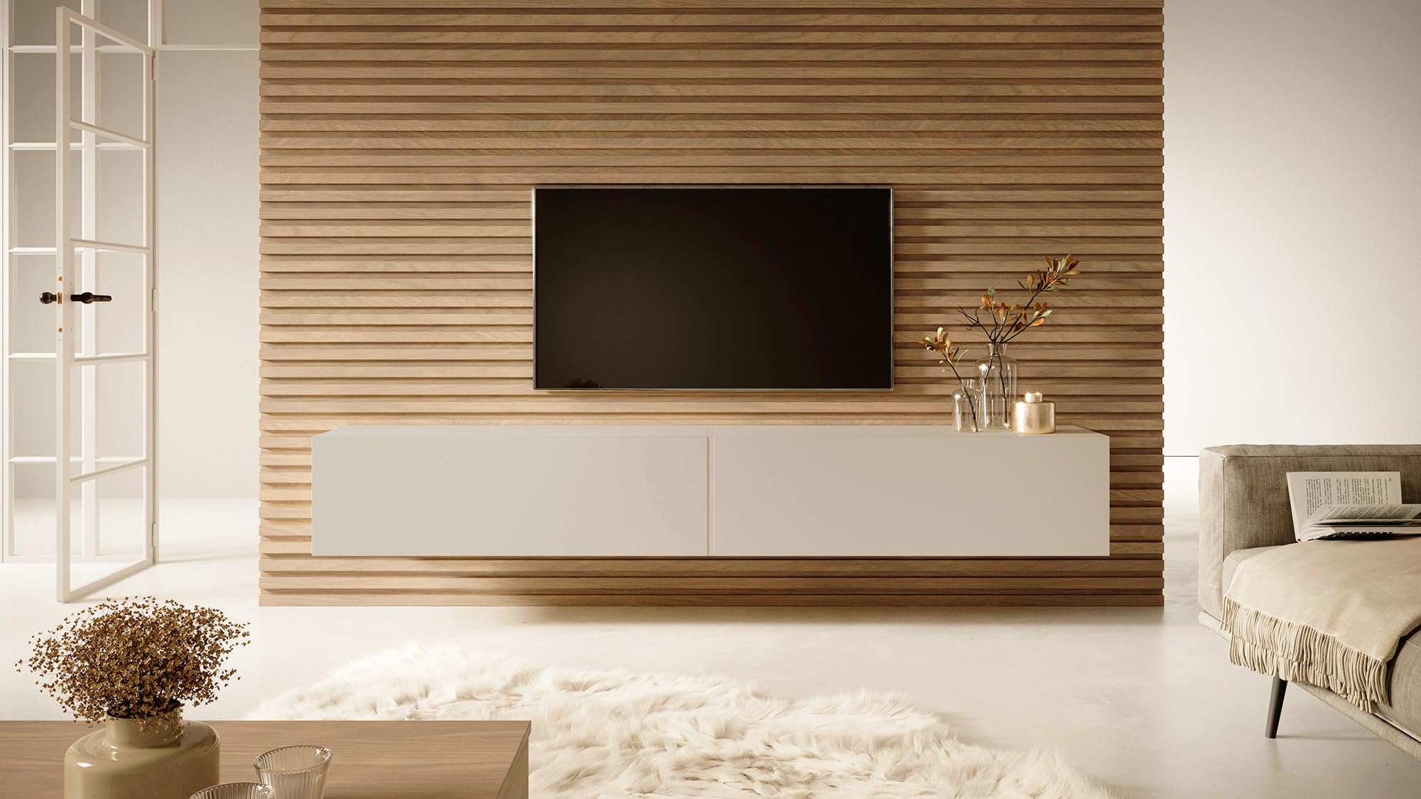 Selsey Meuble TV Armoire De Télévision 200 cm Suspendu Salle De Séjour Chambre À Coucher Gris Beige Bisira
