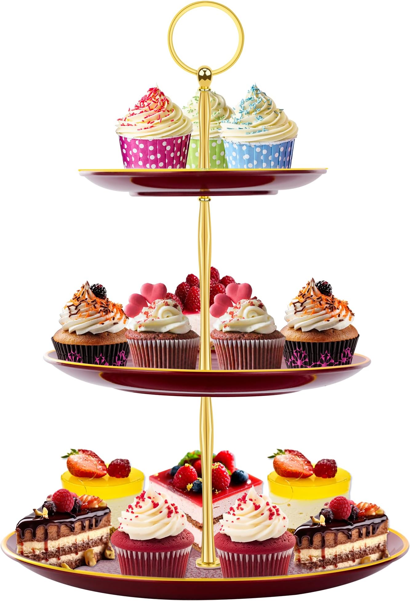 PinCuteCupcake Stand Holder - 3 Tier Cup Cake Dessert Stands, Plastic Tiered Serving Tray&Metal Rod for Birthday Party, Wedding, Tea Party, Baby Shower-Red