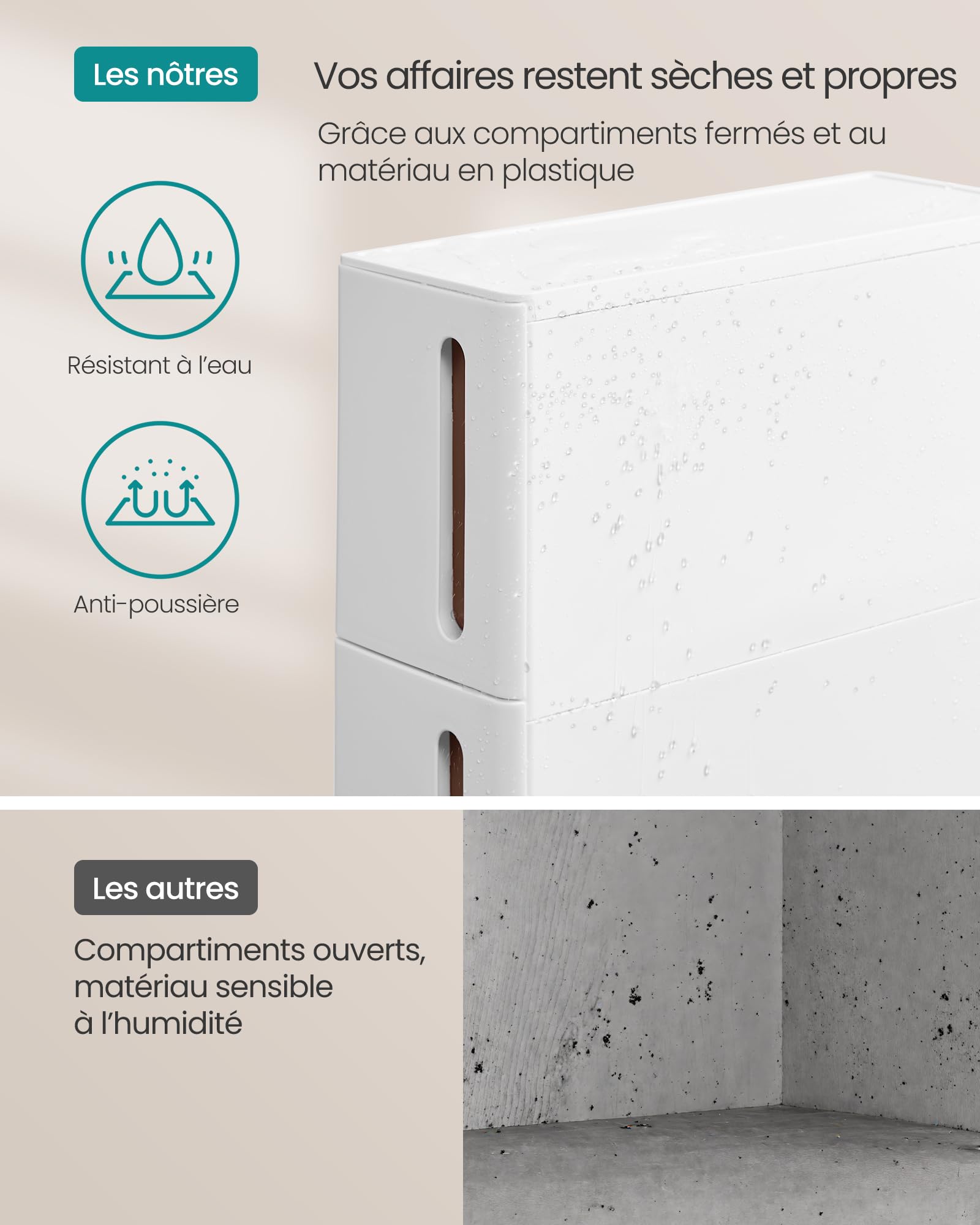 SONGMICS Étagère de Rangement à Roulettes pour Petits Espaces, Chariot Roulant avec 4 Tiroirs, Largeur 17,3 cm, Fin, Salle de Bain, Cuisine, Plastique PP, 45,2 x 17,3 x 84 cm, Blanc et Marron KFR08WT