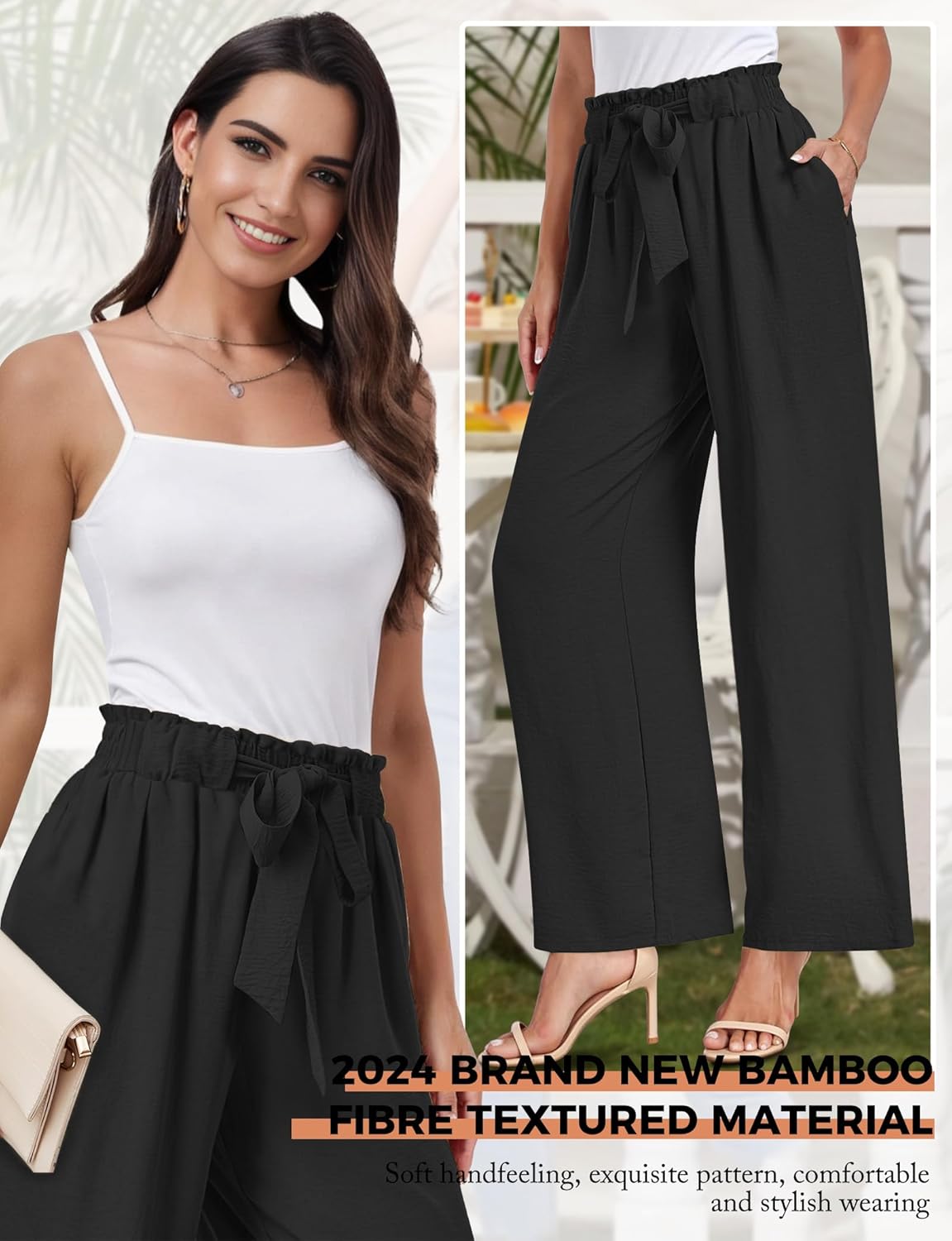 Buauty Wide Leg Palazzo Pants Woman with Pockets High Waist Pant Adjustable Knot Loose Trousers Business Casual Work Pants Black - Image 3