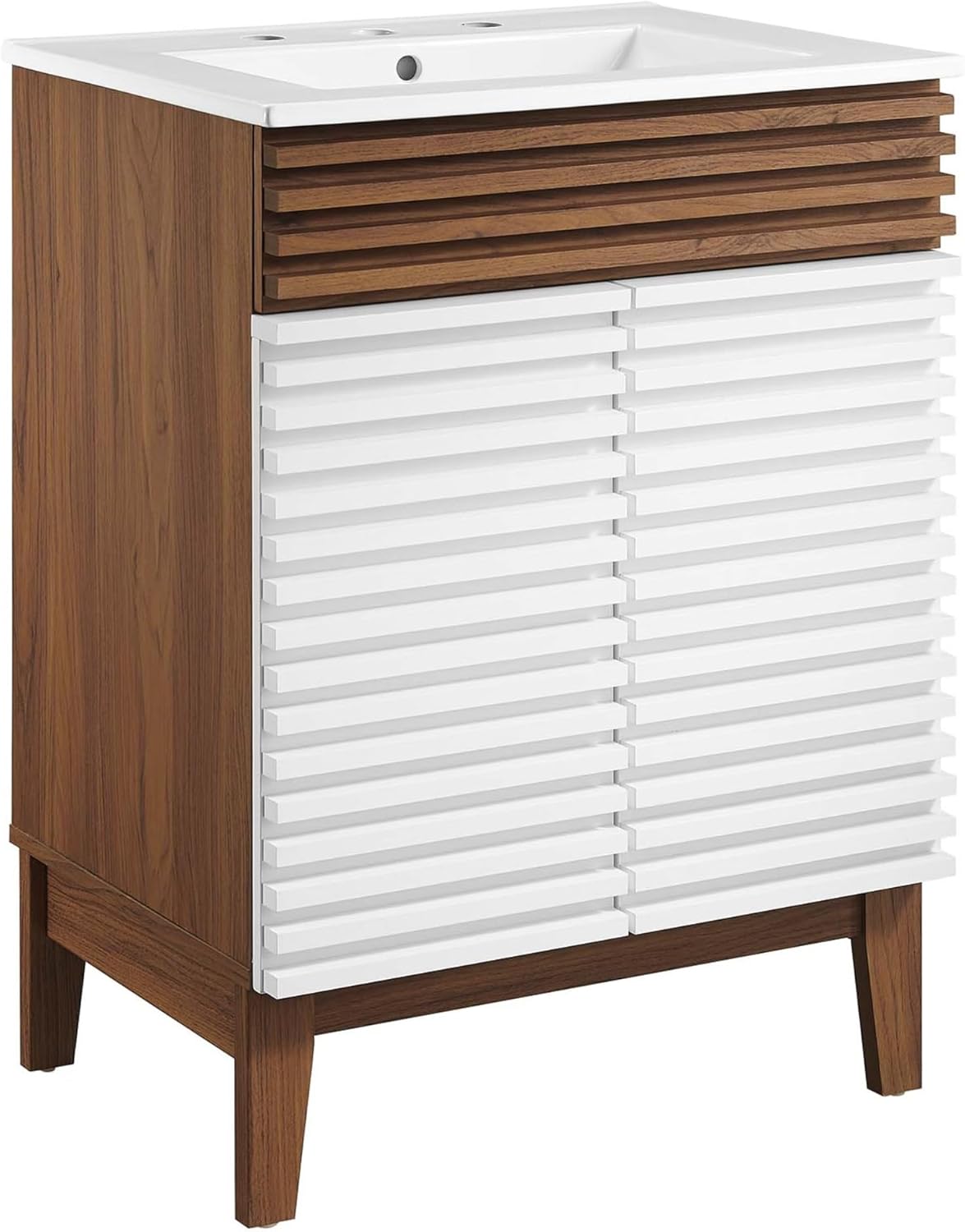 Ergode Render Bathroom Vanity-Mid-Century Modern Style with Walnut Grain Laminate, Adjustable Storage Shelf, and Soft-Close Doors-8 Widespread Holes-Assembly Required