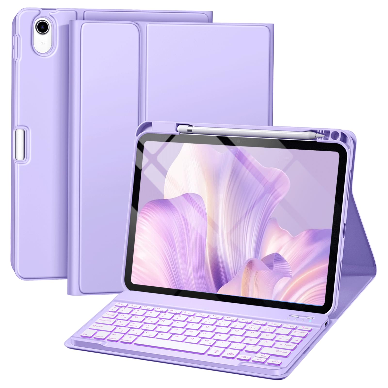 drivego Hülle mit Tastatur für iPad 11 Generation A16/10 Generation (11/10.9 Zoll, 2025/2022), 7-farbige Beleuchtung Magnetische Tastatur für iPad 11./10. Gen Hülle mit Stifthalter, Lavendel