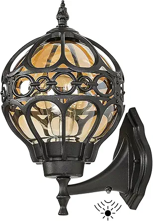 Dusk to Dawn Outdoor Lighting, Black Porch Wall Lights, Black Globe Aluminum Exterior House Lantern Wall Mount with Amber Glass, Anti-Rust Waterproof Outside Light Fixtures for Patio Doorway Garage