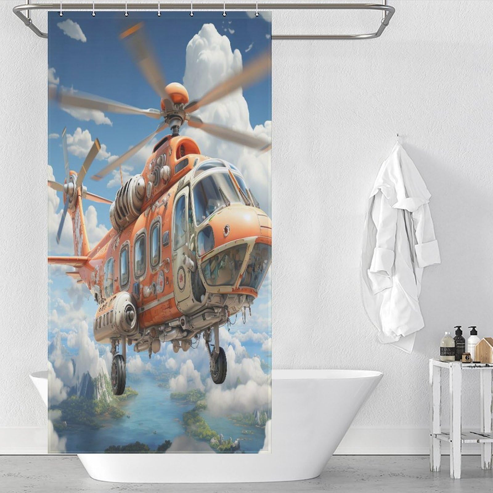 Rideau de douche hélicoptères idéal pour dynamiser la baignoire de la salle de bain des enfants
