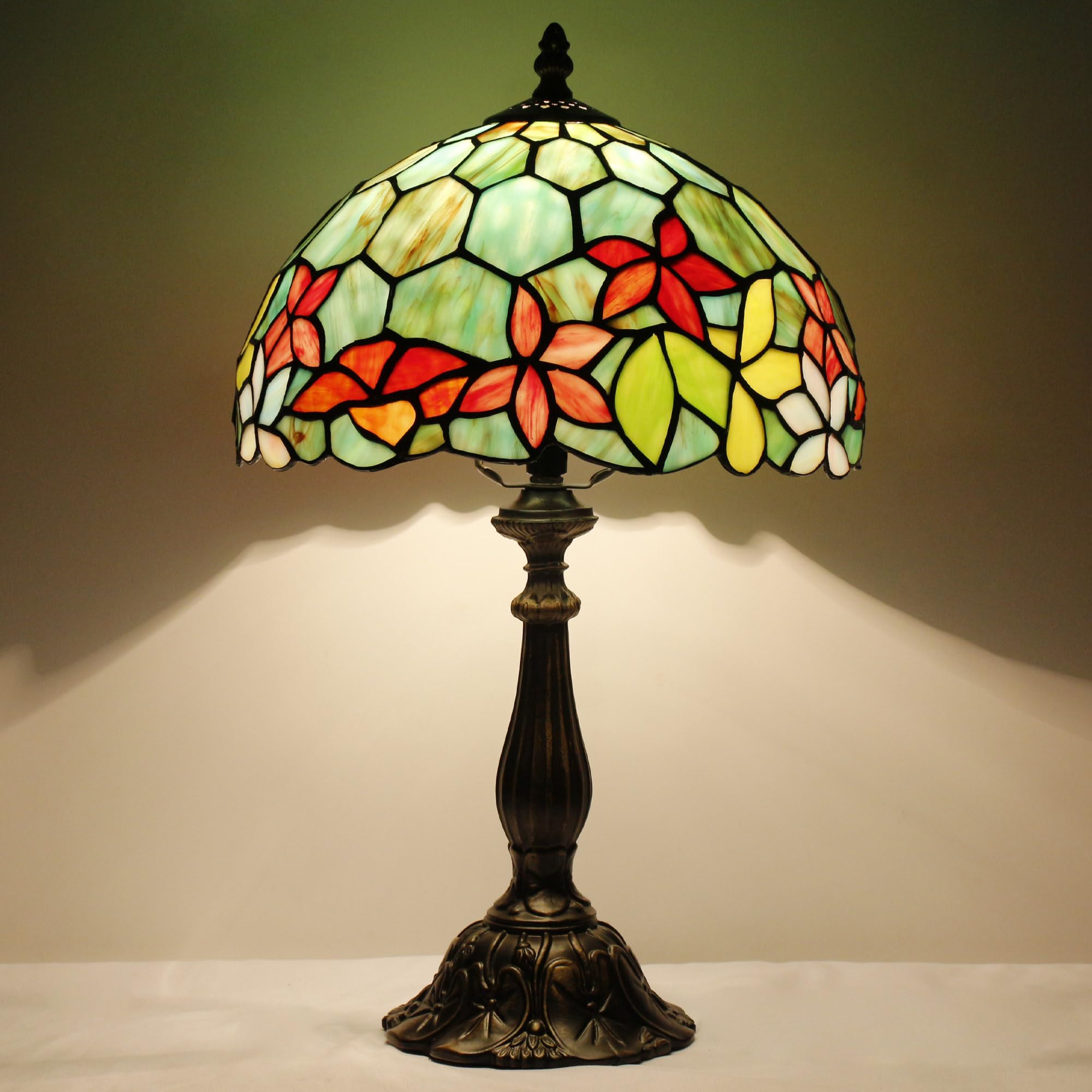 ZJART iffany Table Lamp Stained Glass Lamp 12X12X19 Inch Red Green Flowers — image 1