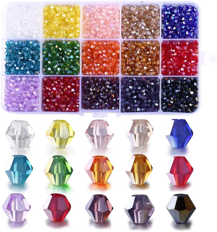 4MM Glass Beads 15 Colors 3000Pcs Bicone Crystal Beads for DIY Beading Projects, Bracelets, Necklaces, Earrings & Other Jewelrie