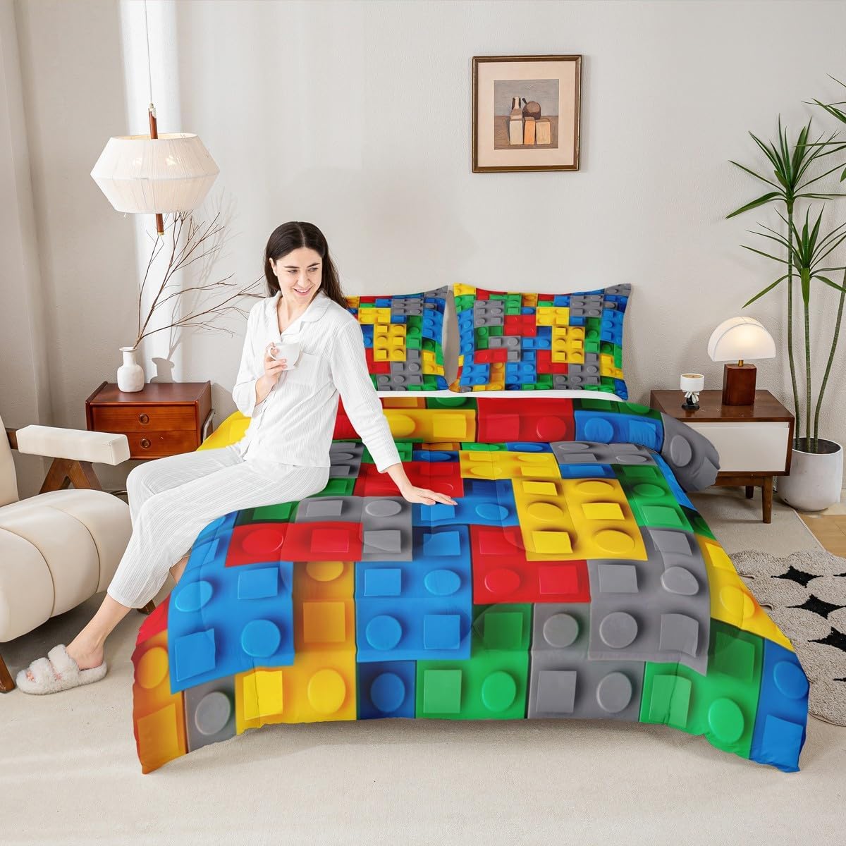 Erosebridal 3 Pieces - 3D Building Blocks Theme 1 Area Rug + 1 Queen Comforter + 2 Pillow Cases