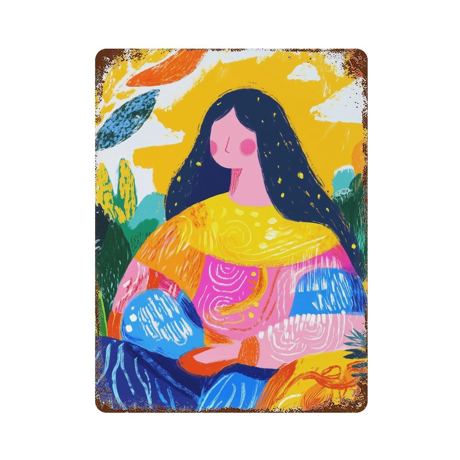 Vivid Fauvist Vision of The Mona Lisa Vintage Wall Sign 15.7"x11.8", Rust Effect Metal Decor for Patio, Garden Room And Bar Decor