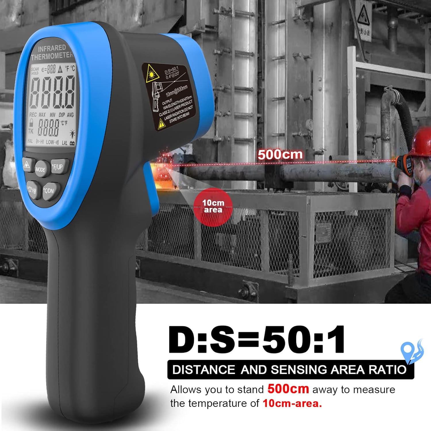 AIOMEST AI-1800 Digital Pyrometer DS 50:1, Touchless Infrared Thermometer Gun for High Temperature Non Contact Measuring -58~3,272℉,Handheld IR Laser Gauge for HVAC Kiln Cooking (NOT for Human Temp)