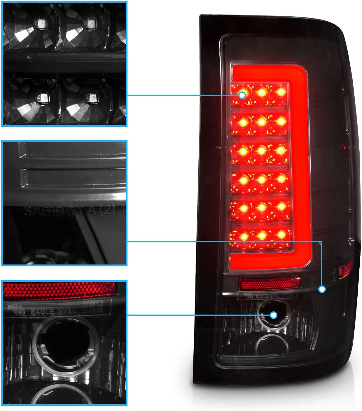 AmeriLite for 2007-2014 GMC Sierra 1500 2500 3500 HeavyDuty C-Shape Neon LED Dark Black Replacement Tail Lights Set - Passenger and Driver Side