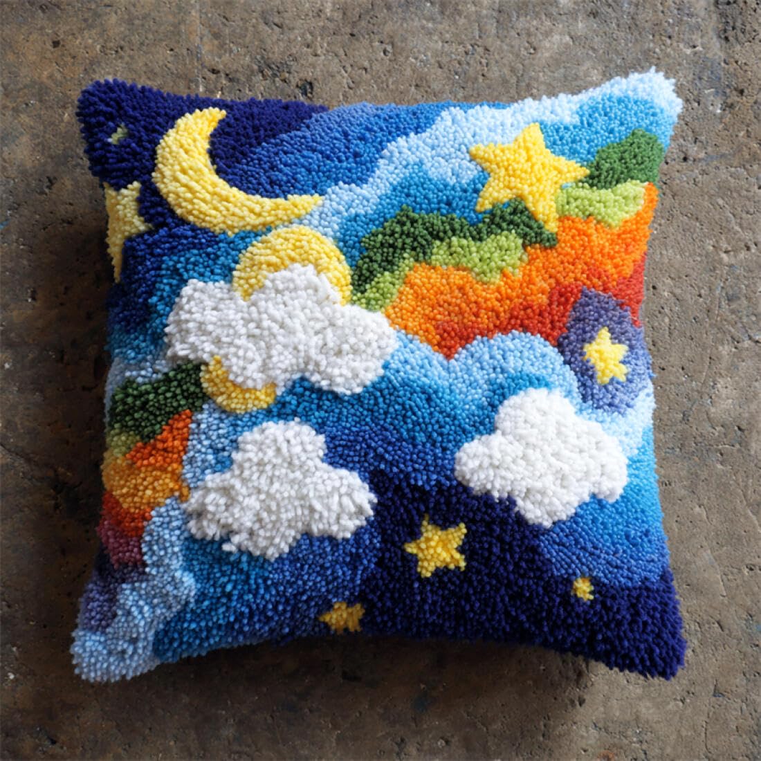 Kitquiver Latch Hook Cushion Craft Kits Cartoon Starry Sky DIY Latch Hook Kits Pillowcase Embroidery,Knitting,Gift for Adults/Beginners 17x17In