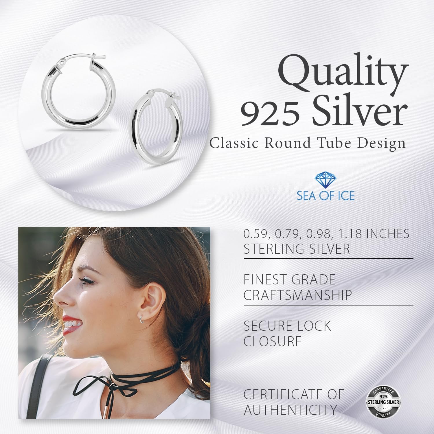 Sterling Silver Polished Finish Round-Tube Hoop Earrings 3mm Wide 15mm-30mm Diameter - Image 5
