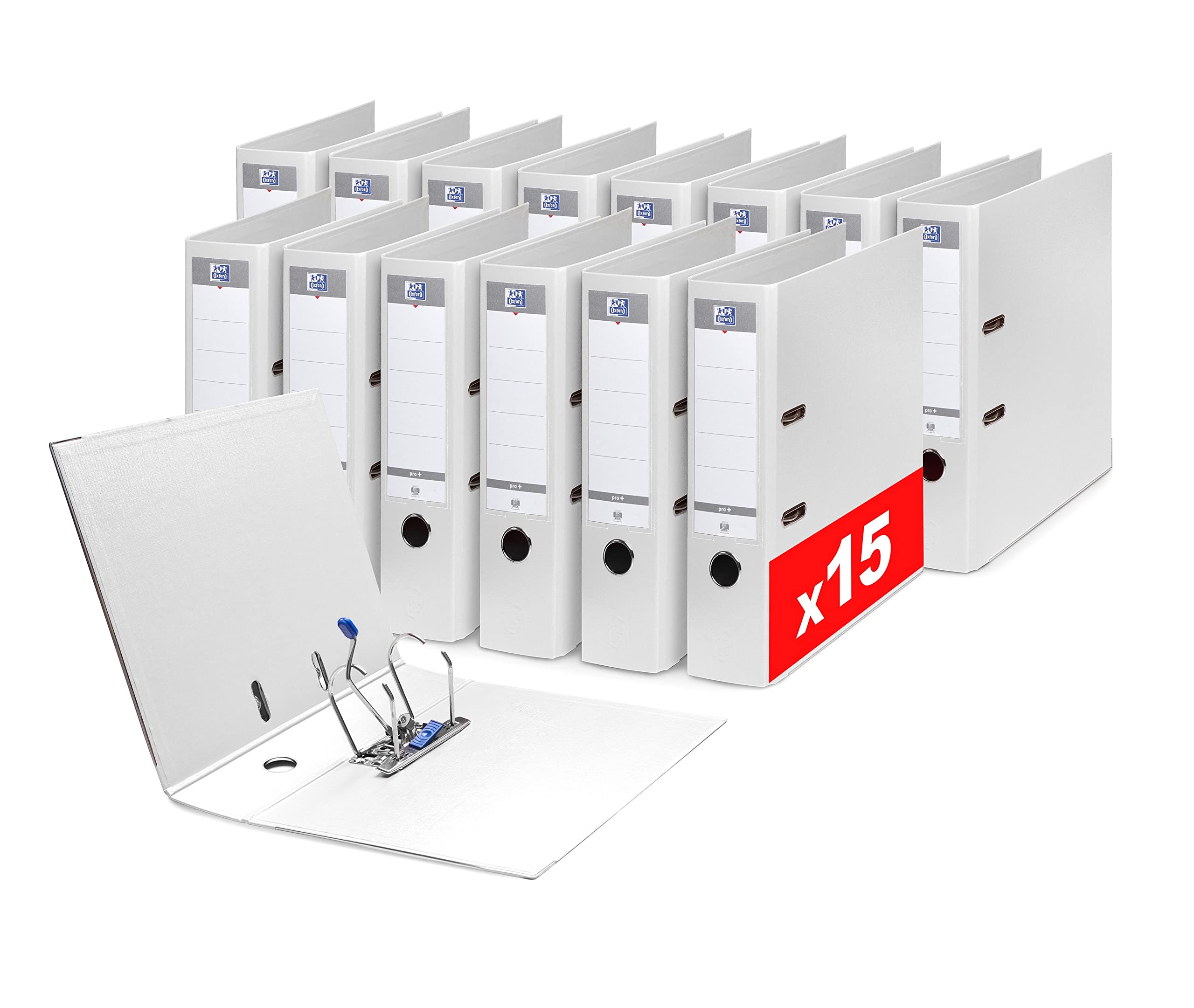 OXFORD Lot 15 Classeurs à Levier Smart Pro+ A4XL Dos 80mm 2 Anneaux en D Couverture Polypro Rembordée Blanc