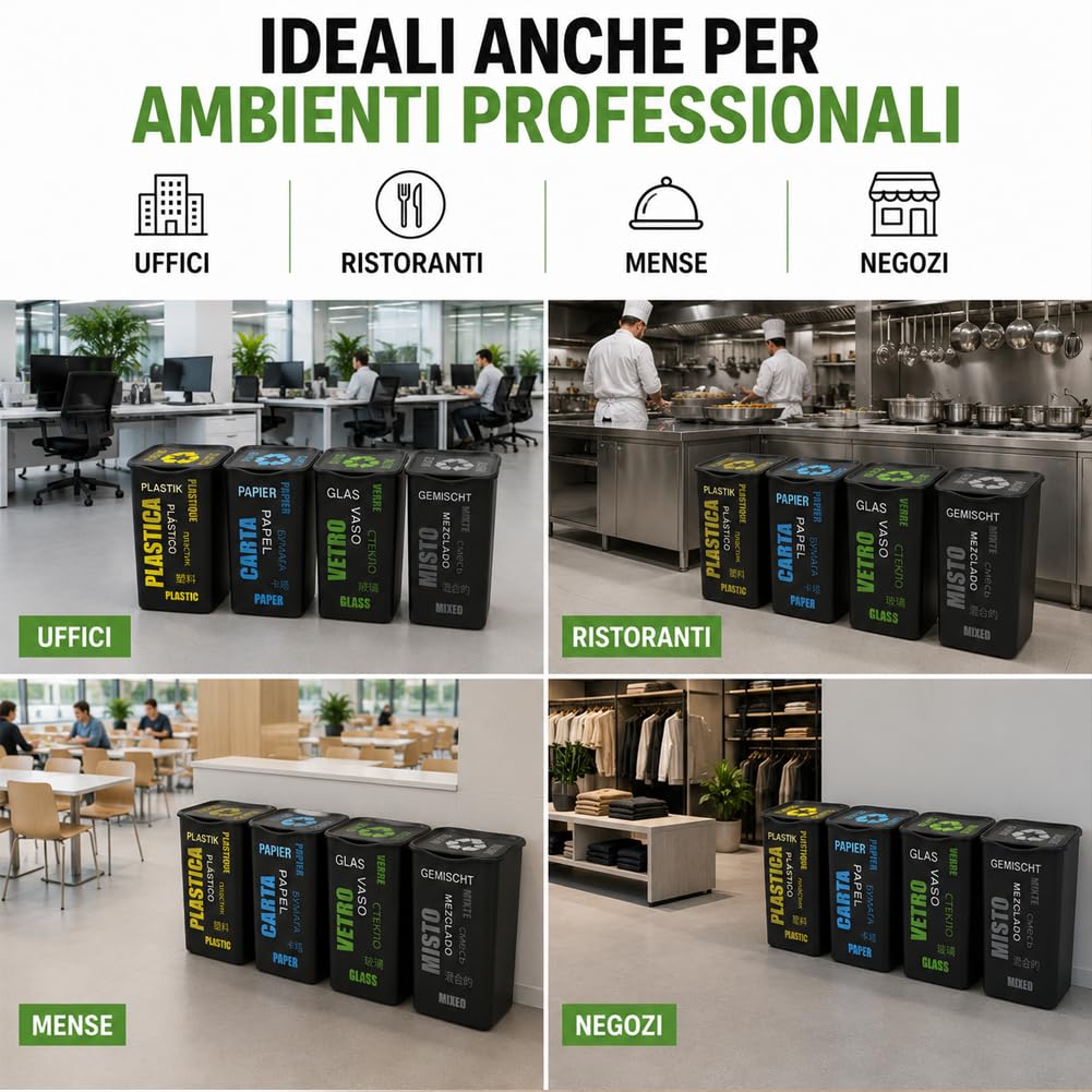 BAKAJI Set 4 Pattumiere per Raccolta Differenziata, Bidoni Spazzatura da 50 Litri con Coperchio e Design Moderno a Scritte Colorato, Contenitori Immondizia da Esterno e Interno, 37.5 x 36 x 53.5 cm