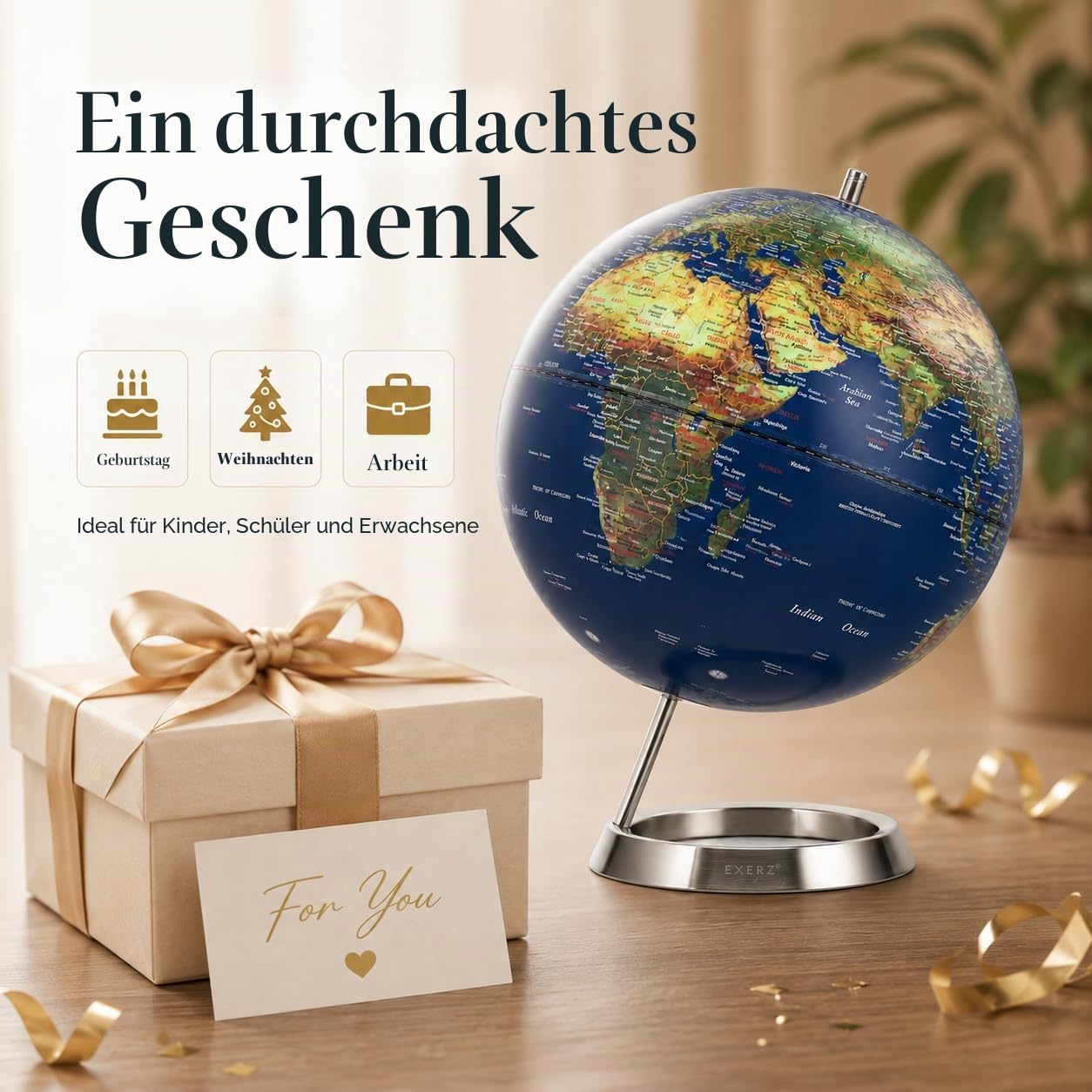 EXERZ 25cm Schülerglobus - Globus Englischer Sprache - Verpackung in hochwertiger Kraftbox, ideal zum Verschenken (Marineblau)