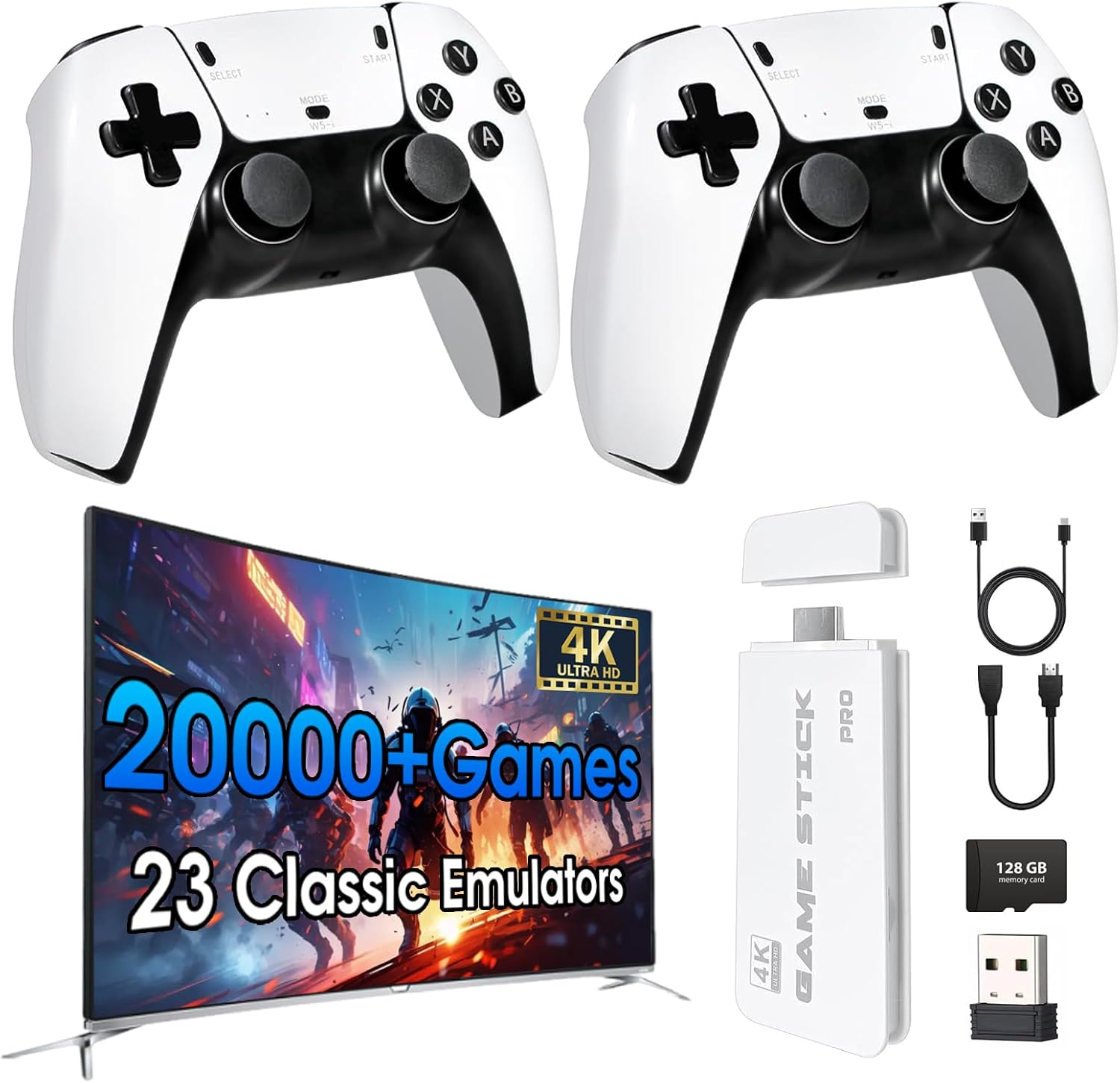 TEFELE 2025New Wireless Retro Game Console 23 Simulators and Over 20,000 Games 2.4G with Dual 2.4G Wireless Controllers(128G) Plug and Play 4K HD HDMI TV Game Stick