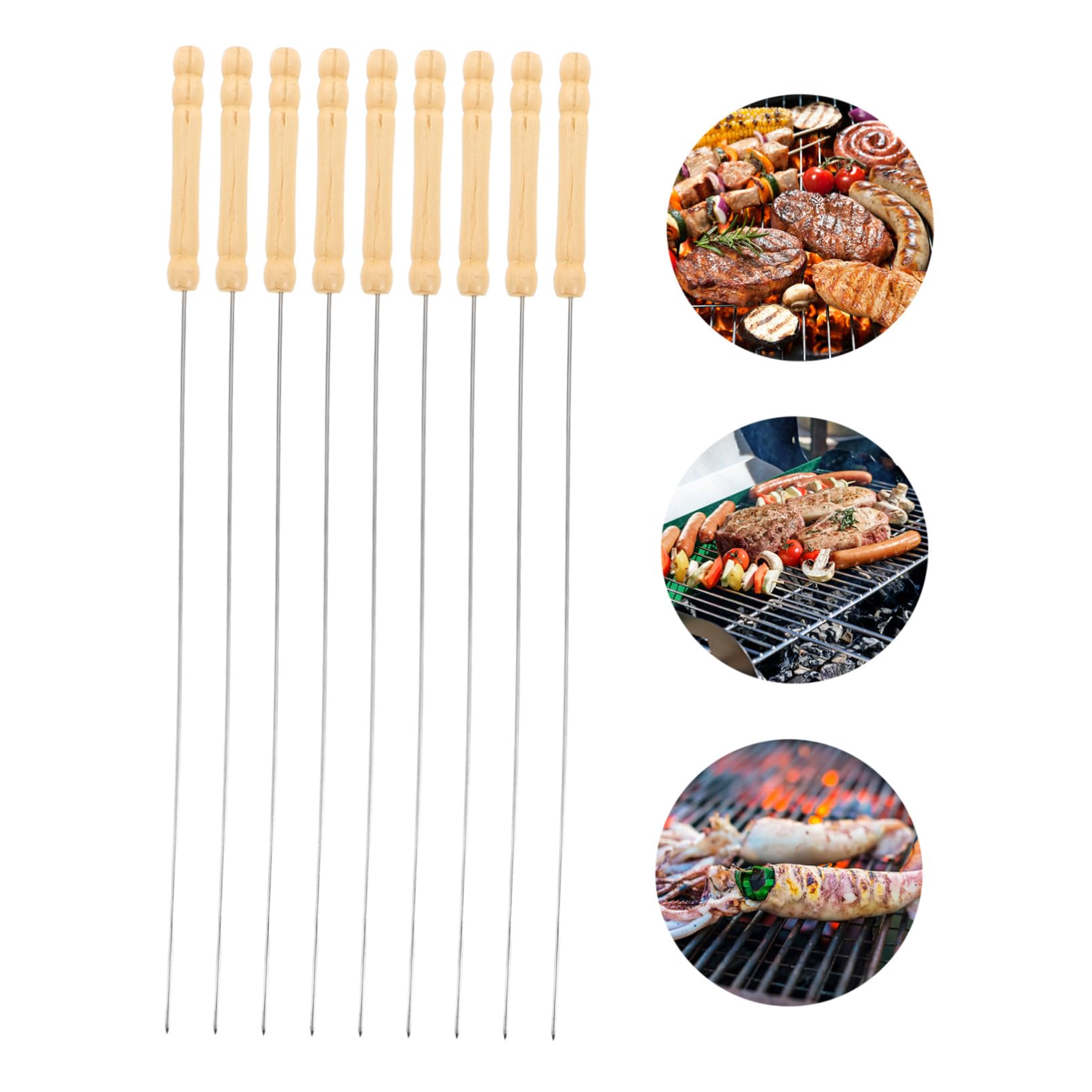 Brochetas de Acero Inoxidable para Asar 50 Piezas con Mango de Madera | Plata, Reutilizables y Resistentes al Óxido, 33cm, Uso en Bbq y Grilling, Forma Redonda