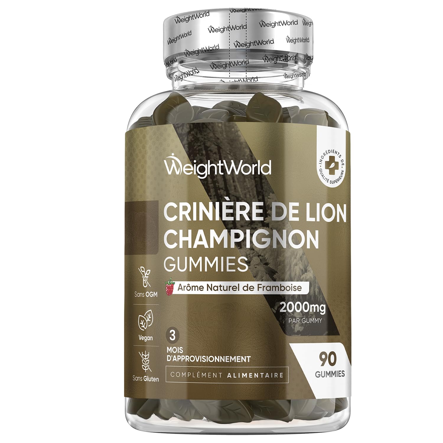 Lions Mane Champignon Gummies, 90 Gummies Vegan à l'Arôme Naturel de Framboise pour 3 Mois d'Approvisionnement, Extrait de poudre d'Hericium Erinaceus 10:1 Champignon Crinière de Lion