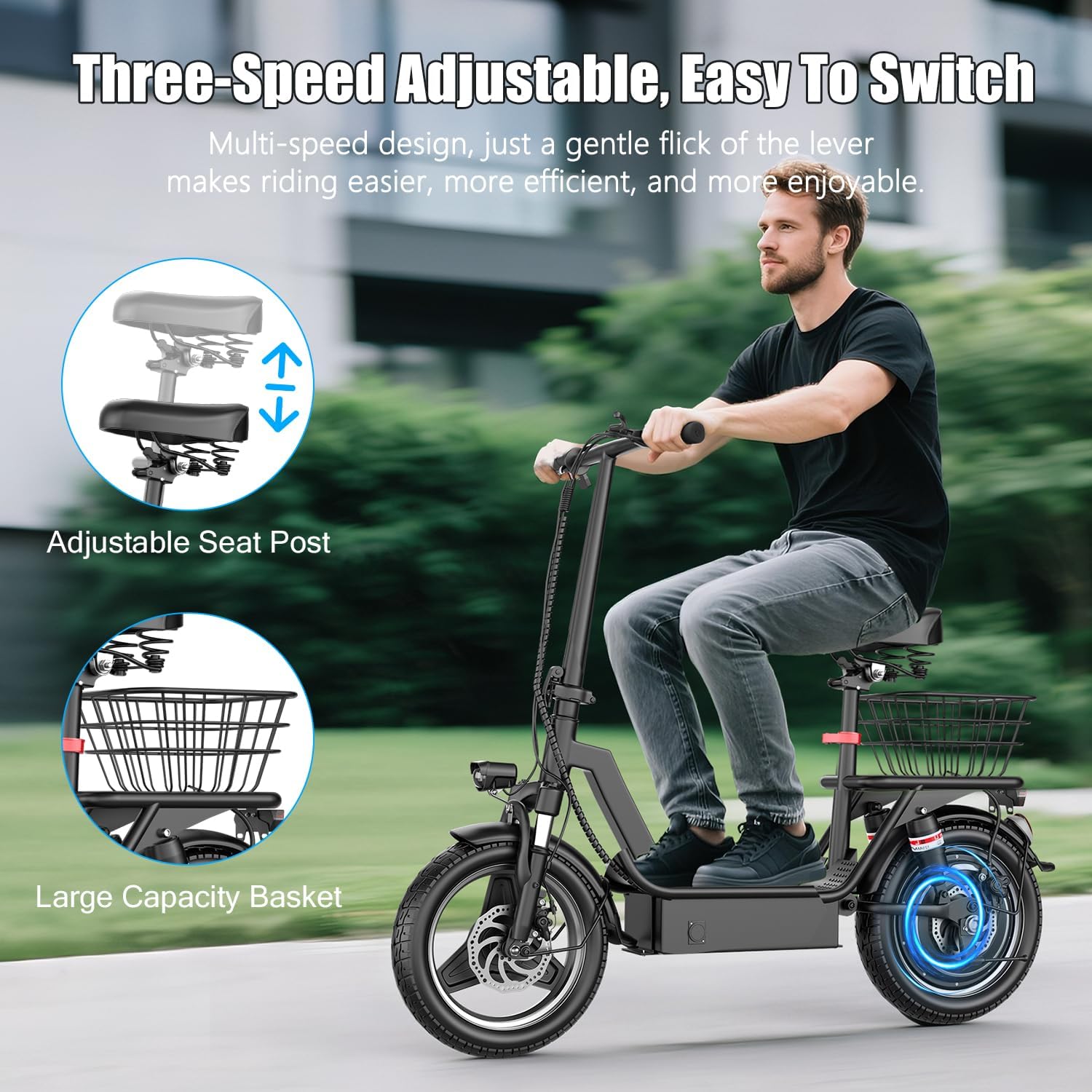 Electric Scooter for Adults, 1000W Peak Motor, 35 Miles of Range Scooter with Seat, 25 MPH Top Speed, 48V 13Ah Battery, Dual Suspension, Foldable E-Scooter with Rear Basket for Cargo, Commuting