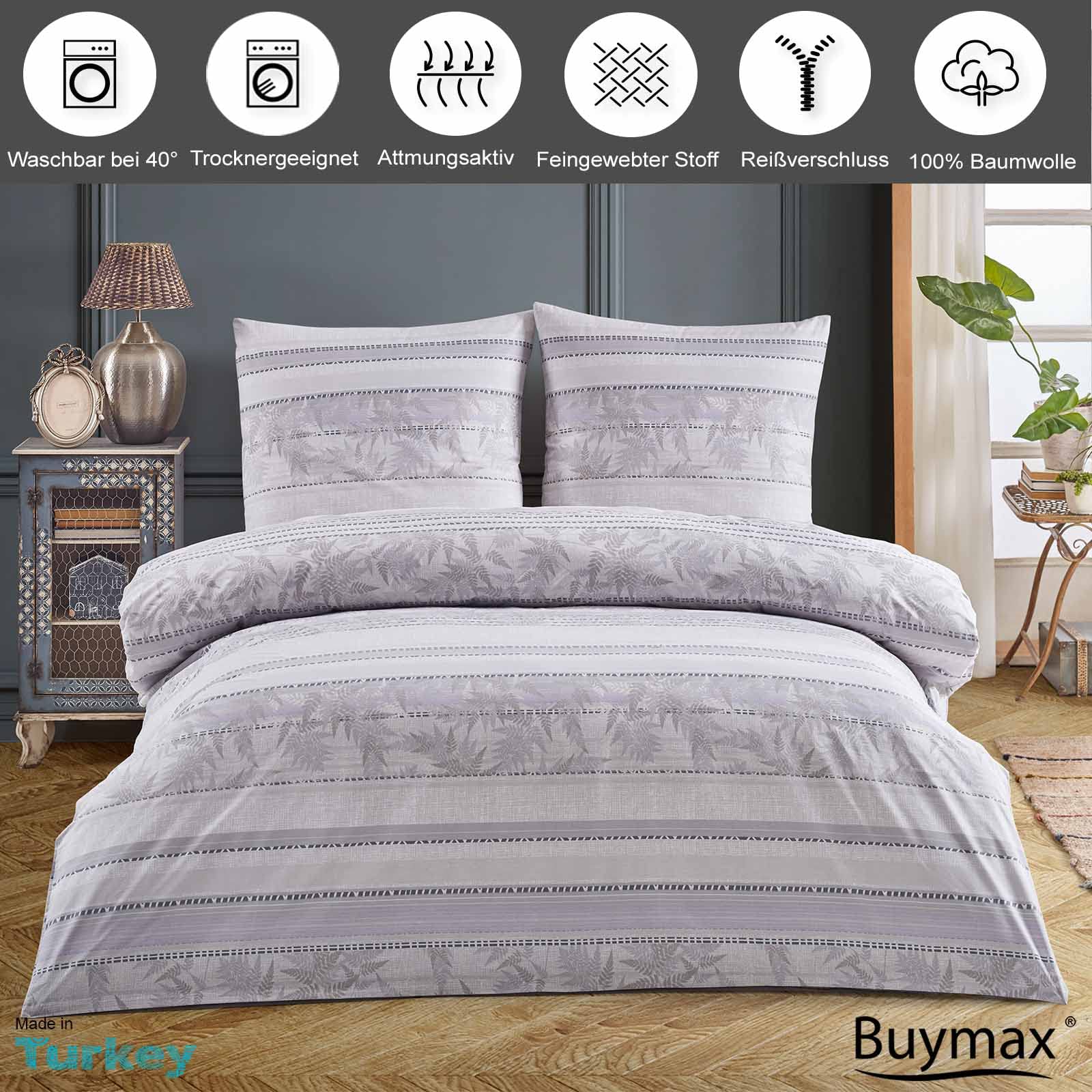 Buymax Bettwäsche 135x200 cm 4-teilig – Bettwäsche Set Renforcé 100% Baumwolle, 2 x Bettbezug 135x200 cm und 2 x Kissenbezüge 80x80 cm, Oeko-TEX, Reißverschluss, weich und atmungsaktiv