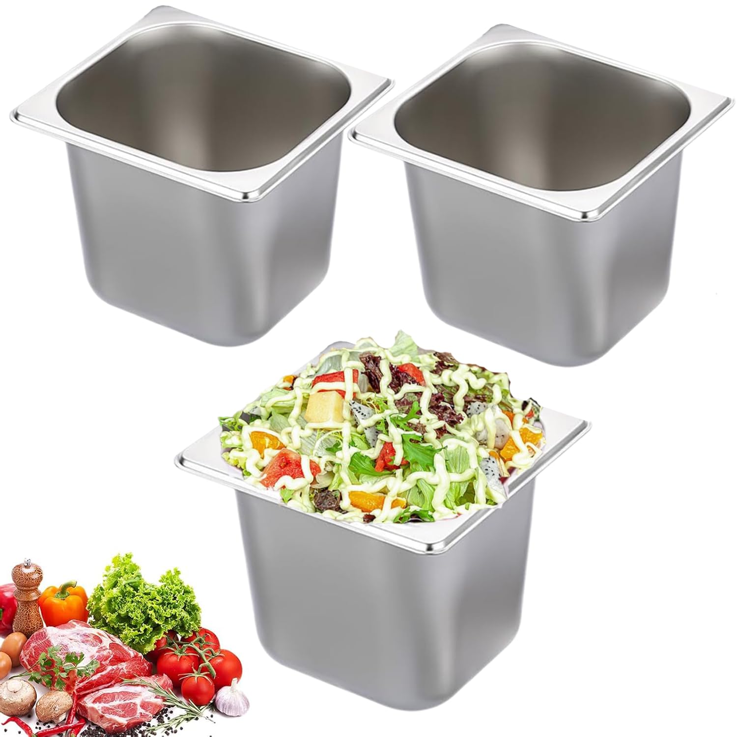 3 Stück Behälter 1/6 Edelstahl mit Deckel, Höhe 15cm Warmhaltebehälter Essen, Gastronormbehälter aus Edelstahl, Hitzebeständiger Gastro Behälter für Lebensmittelaufbewahrung - 17,5 x 16 x 15 cm
