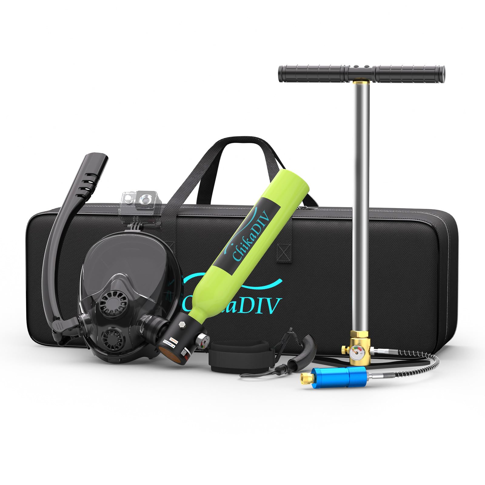 0.5l Mini Scuba Tank with Full Face Snorkel Mask, DOT Certified Portable Diving Cylinder Supports Breath with Nose and Mouth, with Diving Camera Mount Anti-Leak and Anti-Fog