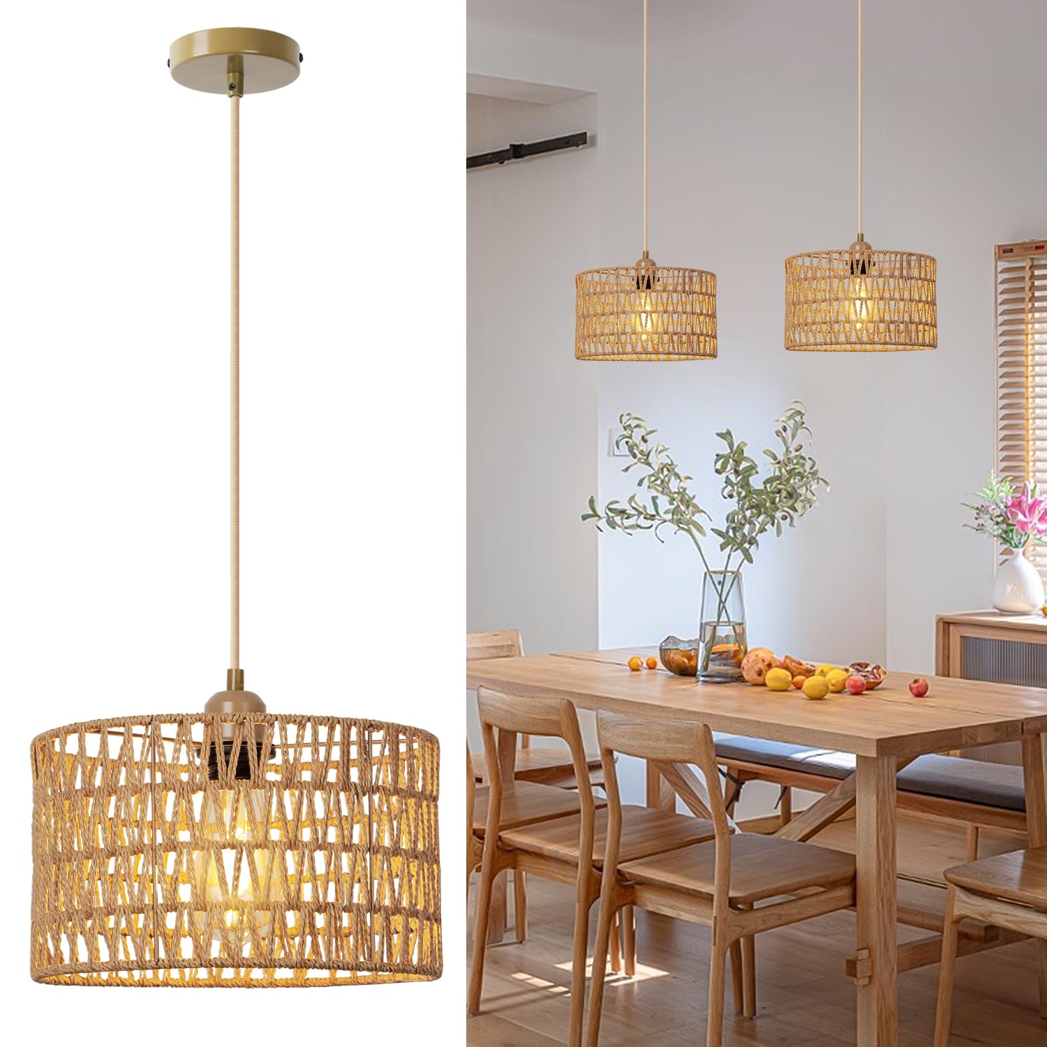 FORCOSO Pendant Lights Rattan, Boho Lamp Hanging Ceiling Light Natural Rattan Lampshade Cord Adjustable 152cm, E27 Vintage Kitchen Light Fitting, Rustic Ceiling Lamp Fixtures Dining Living Room