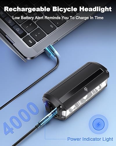 Miniatura 4 de Luz de bicicleta, faros de bicicleta superbrillantes de 2000 lúmenes, recargable por USB, 4 modos de luz de bicicleta con 4000 mAh de tiempo de