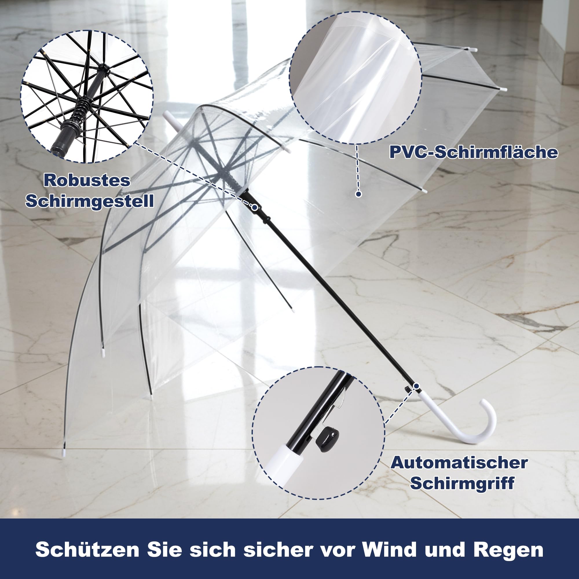 uyoyous 10pcs Einweg durchsichtig Stockschirme, Automatische transparent Regenschirm mit 8 Metal Schirmrippen Zerklüftet, Einzelschirm Ø 95 cm, Ein Personen Regenschirm