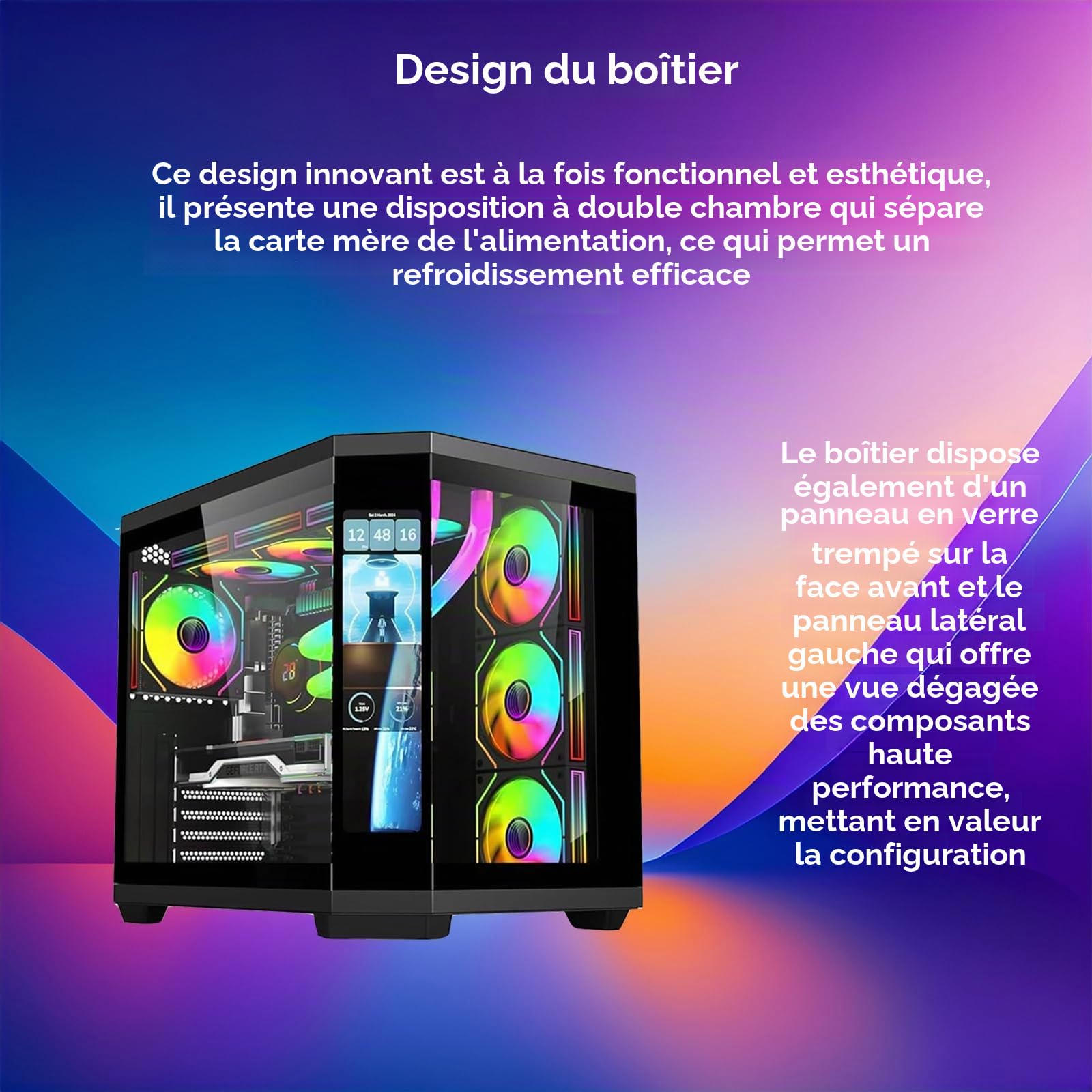 Boîtier PC - Gaming | IONZ APEX Vision - Tour intermédiaire ATX, double chambre avec 4 ventilateurs ARGB PWM - Écran LCD | Noir