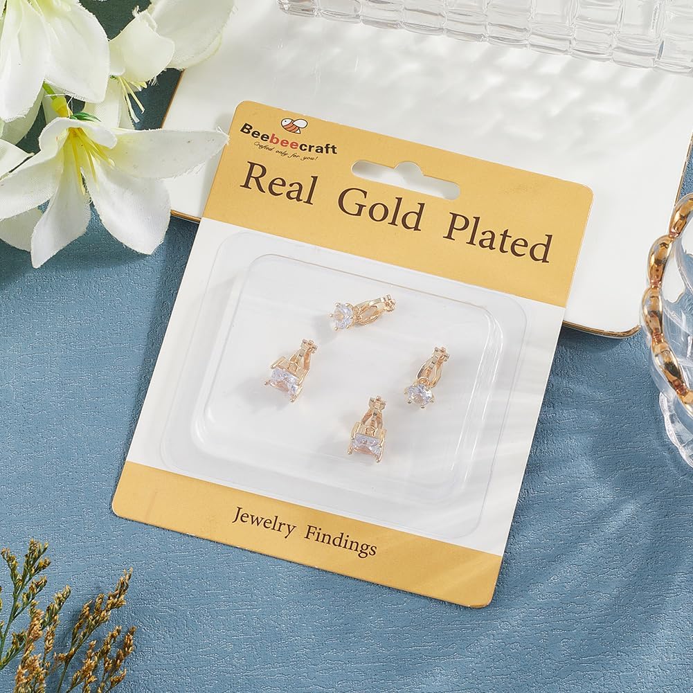 Beebeecraft 8Pcs Clip-on Earring Findings 14K Gold Plated Cubic Zirconia Crystal Earring Supplies Converter Component with Pad for Jewelry Making Non Pierced Ear