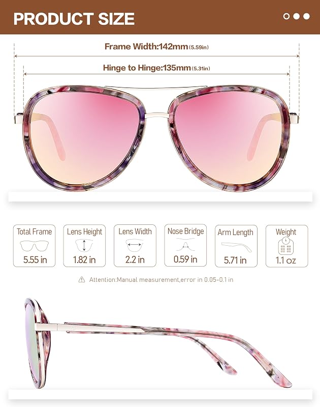 BIRCEN Acetate Polarized Sunglasses Womens: Luxury Aviators UV Protection | Hypoallergenic Trendy Sun Glasses for Fashion Ladies Travel & Driving - Anti Glare Mirrored Clear Lens for Eye Comfort image 3